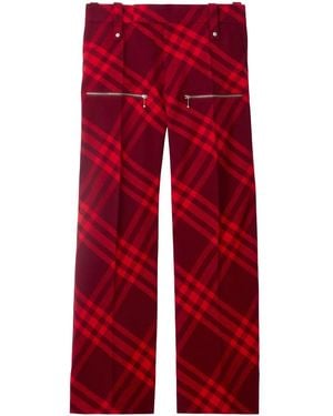 Burberry Plaid-Check Wide-Leg Wool Pants - Red