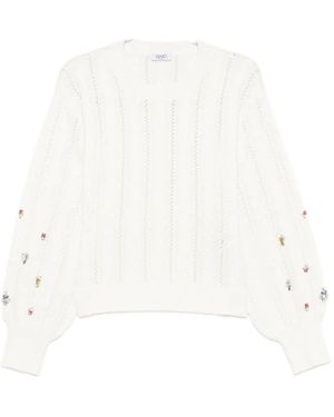 Liu Jo Crystal-Embellished Cable-Knit Jumper - White