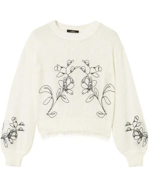 Twinset Sweater With Floral Embroidery And Fringes - White