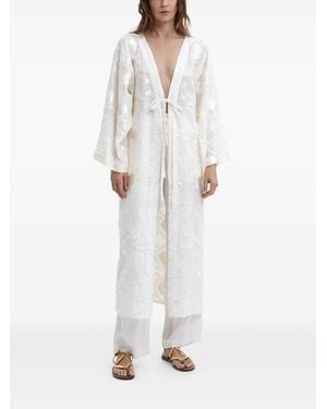 Greek Archaic Kori Embroidered Tie-Fastening Kaftan - White