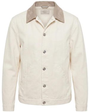 Brunello Cucinelli Contrast-Collar Button-Up Jacket - White