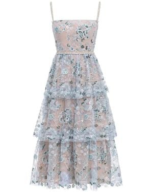Self-Portrait Sequin-Embellished Tiered Midi Dress - White