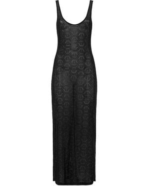 Philipp Plein Tulle Monogram Strass Midi Dress - Black