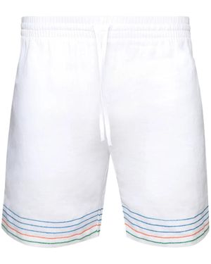 CASABLANCA Stripe-Embroidered Linen Shorts - White