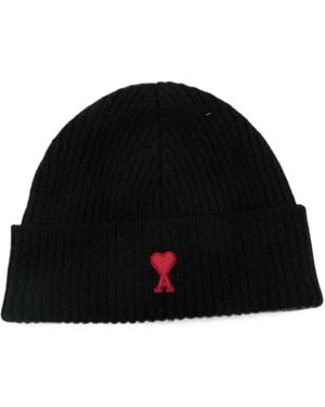 Ami Paris Wool Beanie With Ami De Coeur - Black