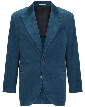 Brunello Cucinelli Denim-Effect Cotton Velvet Tailor Blazer With Peak Lapels - Blue