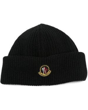 Moncler Logo-Patch Ribbed Beanie Hat - Black