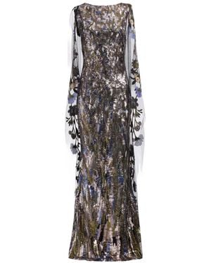 Elie Saab Sequin-Embellished Cape-Sleeve Maxi Dress - White