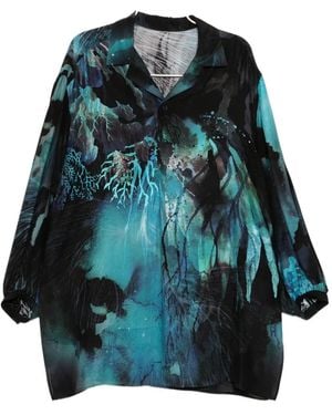 Yohji Yamamoto Graphic-Print Camp-Collar Shirt - Blue