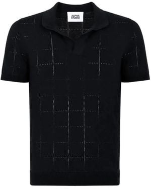 Alpha Studio Check-Knit Polo T-Shirt - Black