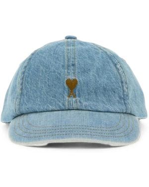 Ami Paris Denim Cotton Cap With Ami De Coeur Light Washed Denim - Blue