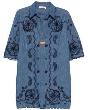 Zimmermann Robe Courte Festonnée Et Brodée - Bleu