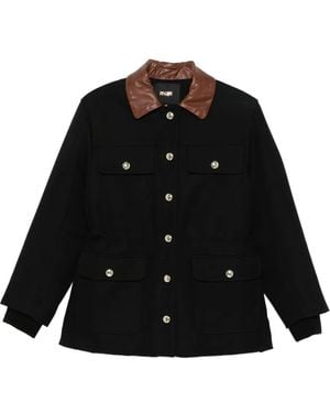 Maje Leather-Collar Button-Front Jacket - Black