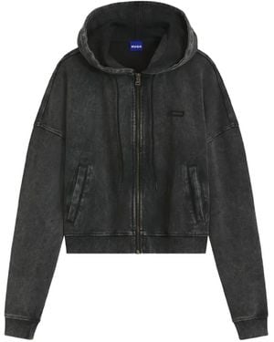 HUGO Relaxed-Fit Cropped Hoodie With Washed Box Logo - Black