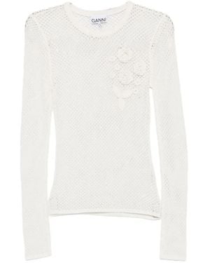 Ganni T-Shirt Pointelle À Manches Longues - White