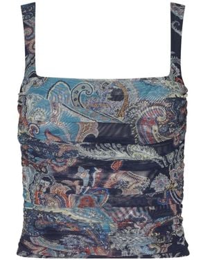 L'Agence Rasha Shirred Paisley-Print Tank Top - Blue