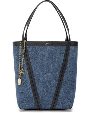 Chloé Spin Leather-Trim Denim Tote Bag - Blue