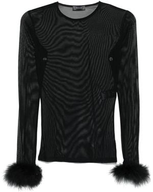 Mugler Feather-Cuff Mesh Top - Black
