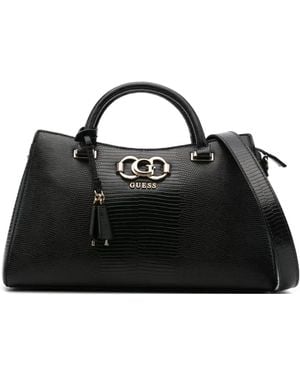 Guess Logo-Plaque Snakeskin Tote Bag - Black