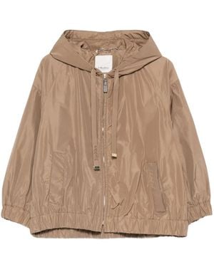 Max Mara Hooded Jacket With Embroidered Logo Ribbons - Natural