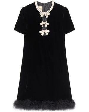 Valentino Garavani Mini Embroidered-Bows Feather Dress - Black