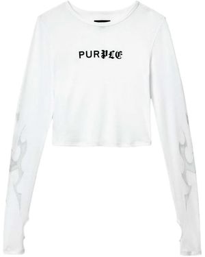 Purple Brand Half & Half Flames Long Sleeve Logo-Print Cropped T-Shirt - White