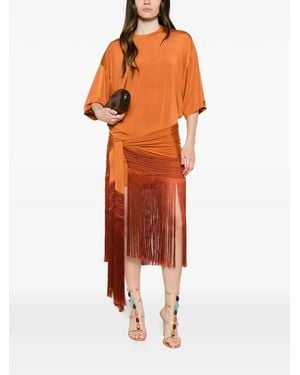 ANDAMANE Fringe-Trimmed Wrap Dress - Orange