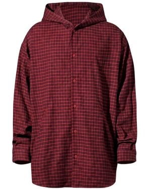 Balenciaga Check-Pattern Oversized Hooded Shirt - Red