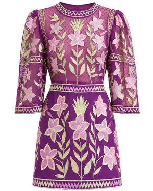 Antik Batik Carioca Floral-Embroidered Mesh-Panel Mini Dress - Purple