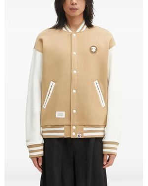 Aape By A Bathing Ape Logo-Patch Striped-Trim Bomber Jacket - Natural