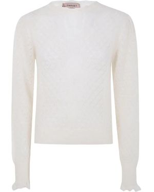 Twinset Ruffled-Cuff Open-Knit Jumper - White