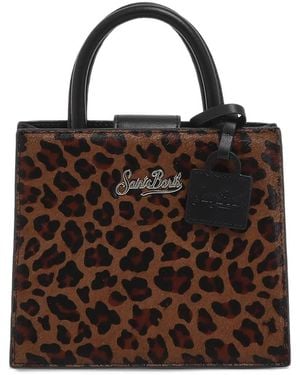 MC2 Saint Barth Mini Shop Leopard-Print Logo-Plaque Tote Bag - Brown
