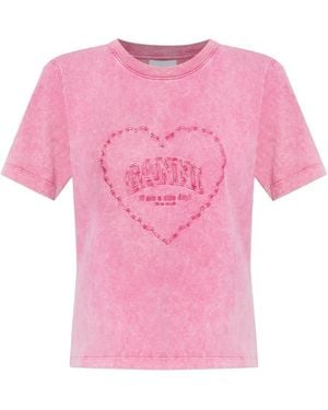 Ganni Heart-Embroidered T-Shirt - Pink