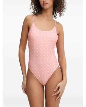 Guess Logo-Print Cutout Swimsuit - Pink