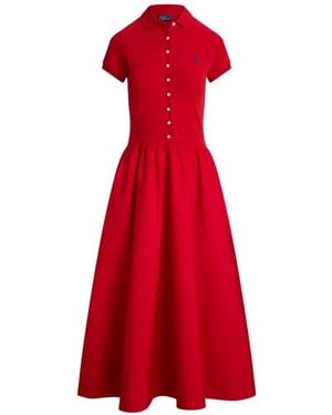 Polo Ralph Lauren Button-Details Polo-Collar Cotton Midi Dress - Red