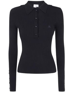 Courreges Ribgebreid Poloshirt Met Logo-Patch - Blauw