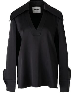Jil Sander ワイドカラーサテンブラウス - ブラック