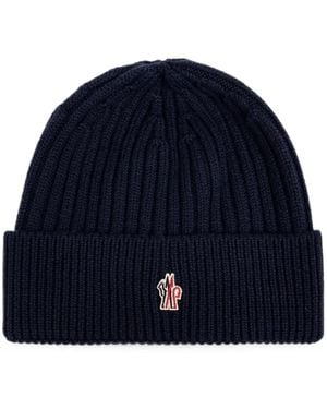 Moncler Logo-Patch Ribbed-Knit Beanie Hat - Blue