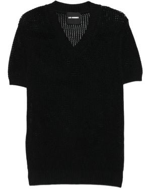 Les Hommes T-Shirt En Maille Ajourée À Col V - Black