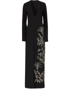 Costarellos Vita Beaded-Appliqué V-Neck Gown - Black