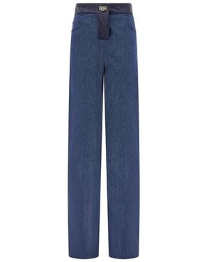 Ferragamo Vaqueros Con Ribete De Cuero Y Diseño De Cinco Bolsillos - Azul