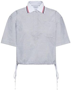 Thom Browne 4-Bar Striped Poplin Polo Top - White