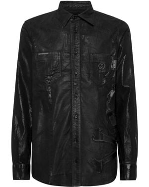 Philipp Plein Skull-Patch Denim Shirt - Black