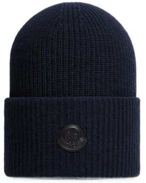 Moncler Logo-Patch Ribbed-Knit Beanie Hat - Blue