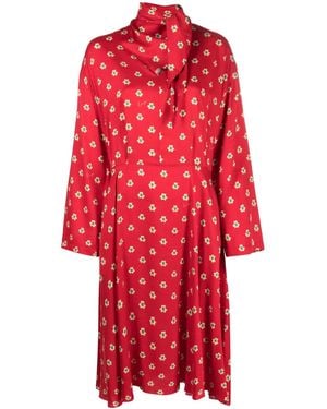 KENZO Abito Midi Teddy Flower Con Pieghe - Rosso
