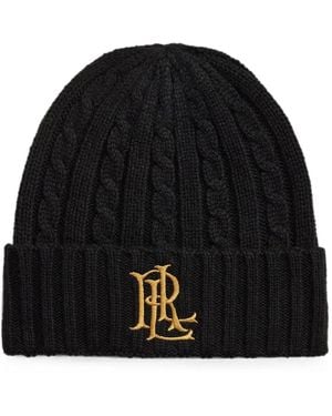Ralph Lauren Cable-Knit Embroidered-Logo Beanie Hat - Black