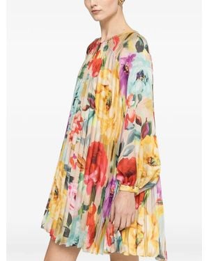 Nissa Pleated Floral-Print Minidress - White