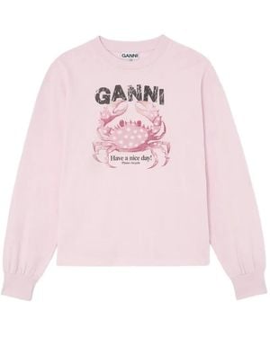 Ganni Crab-Print Long-Sleeve T-Shirt - Pink