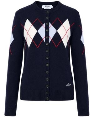 MSGM Argyle Crew-Neck Cardigan - Blue