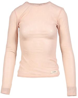 GLOWNY Crinkled Long-Sleeve Sheer T-Shirt - Pink